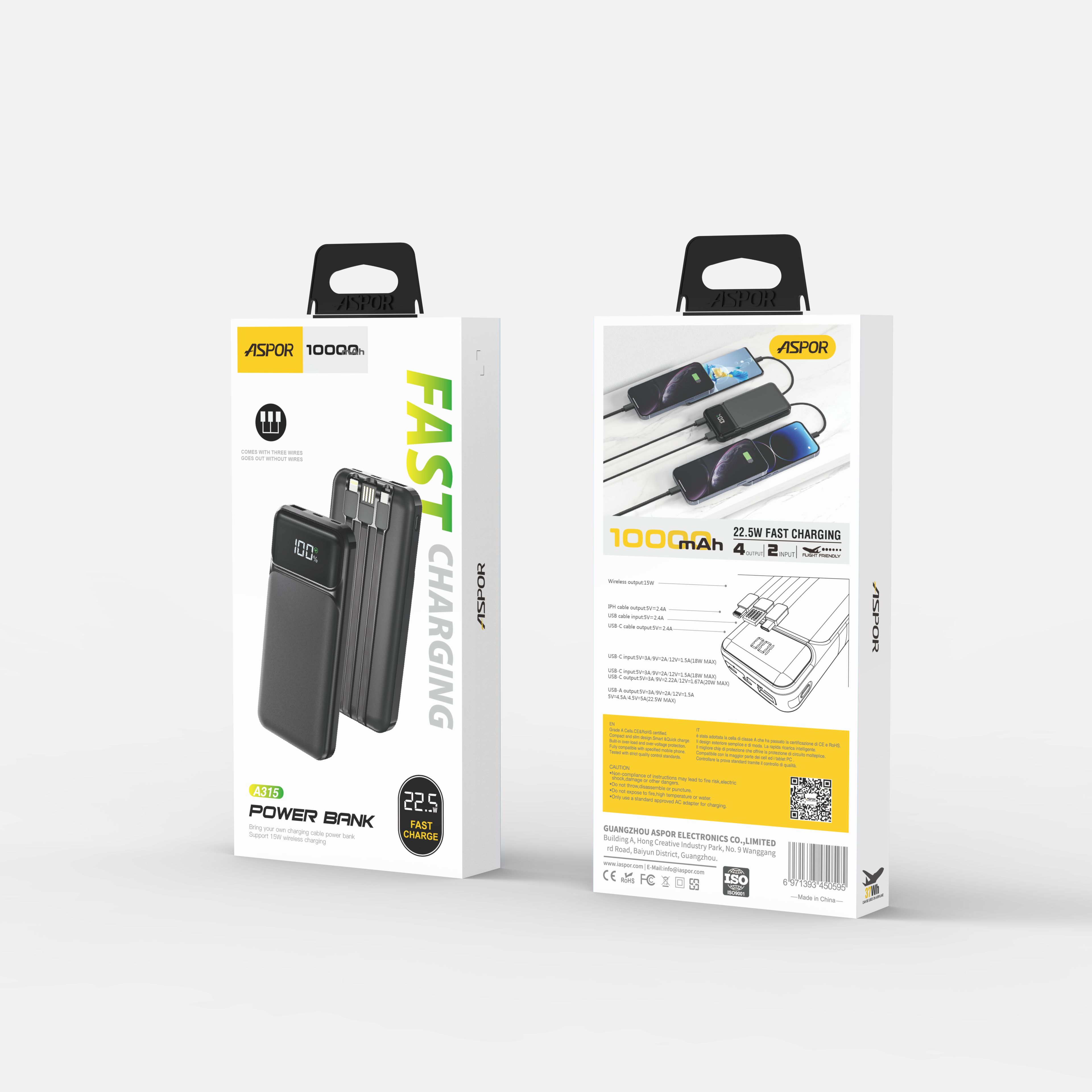 Aspor A315 10000mah Fast Charge 22.5W Power Bank with 3in1 Cables Black